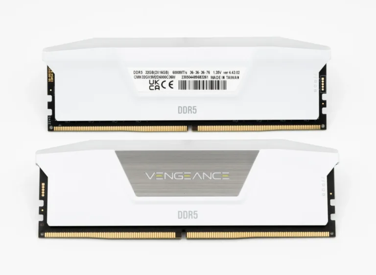 Real photograph of two Corsair Vengeance desktop DDR5 memory modules.