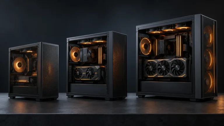 Editorial illustration of three unbranded gaming PC towers with orange lighting.
