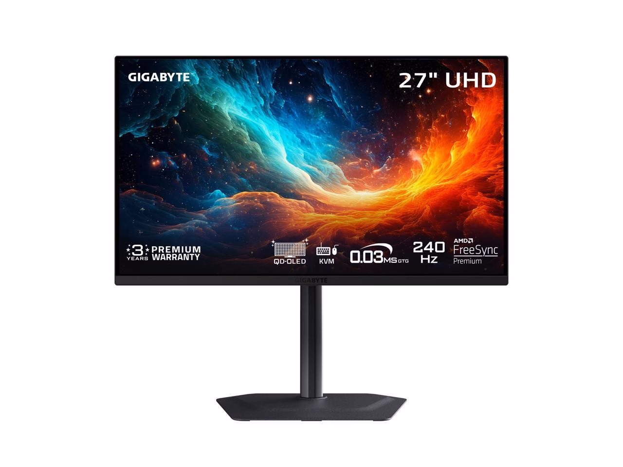 GIGABYTE 27" UHD 4K 240Hz with AMD FreeSync Premium Pro &, G-SYNC Compatible HDR400 USB-C KVM OLED Gaming Computer Monitor with Height adjustable, pivot, tilt and swivel stand MO27U2