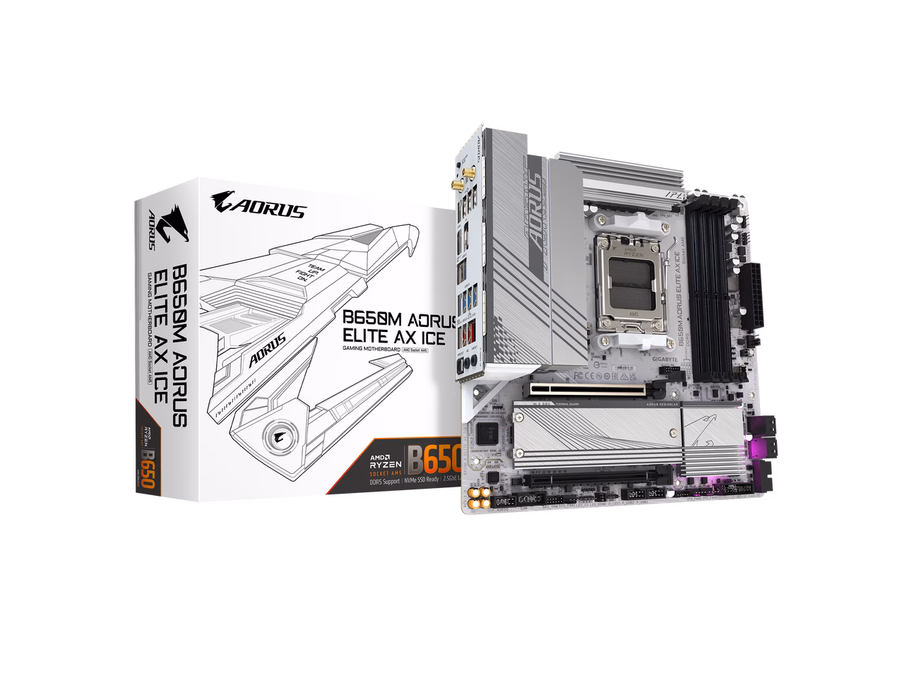 GIGABYTE B650M AORUS ELITE AX ICE AM5 LGA 1718 AMD B650 M-ATX Motherboard, DDR5, 2x M.2, PCIe 5.0, USB 3.2 Gen2X2 Type-C, 2.5GbE LAN, Q-Flash Plus, EZ-Latch