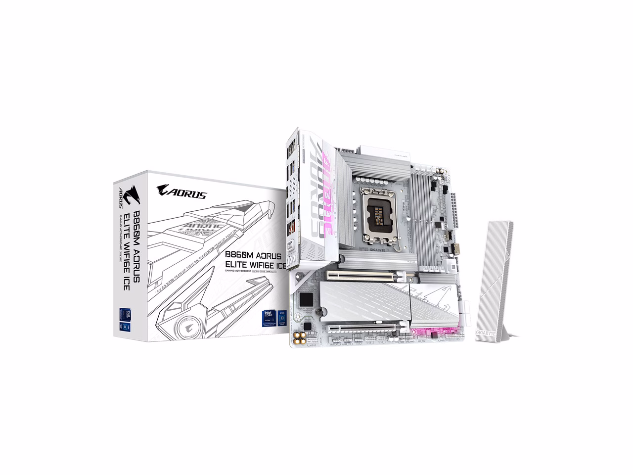 GIGABYTE B860M AORUS ELITE WIFI6E ICE Intel Core Ultra (Series 2) LGA 1851 Motherboard, mATX, DDR5, 3x M.2, PCIe 5.0, USB-C, WIFI6E, 2.5GbE LAN, EZ-Latch
