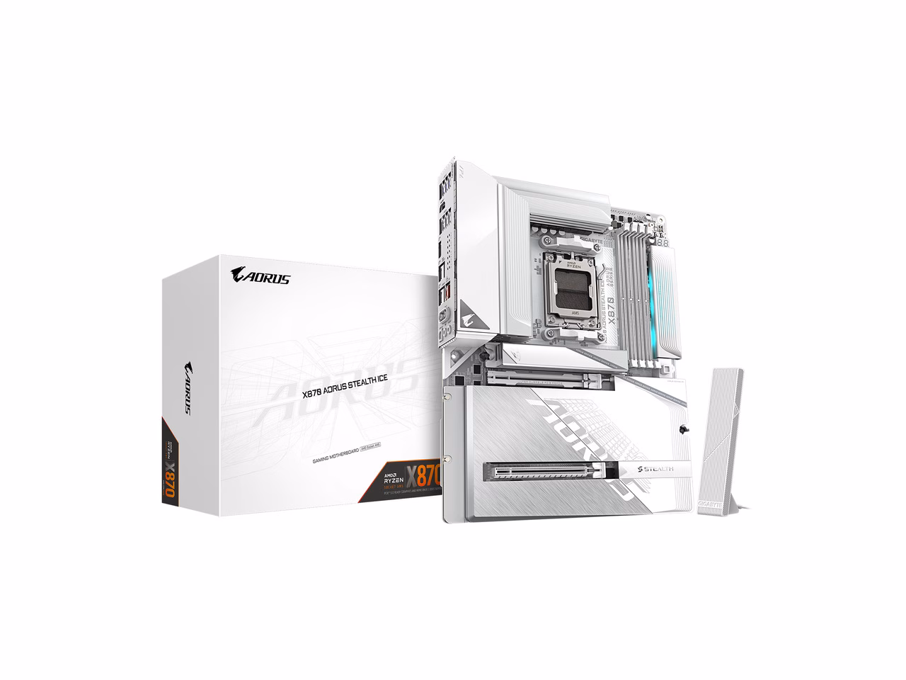 GIGABYTE X870 AORUS STEALTH ICE AMD AM5 Motherboard, ATX, DDR5, 4x M.2, PCIe 5.0, 2xUSB-4,USB-C, WIFI7, 5GbE LAN, EZ-Latch