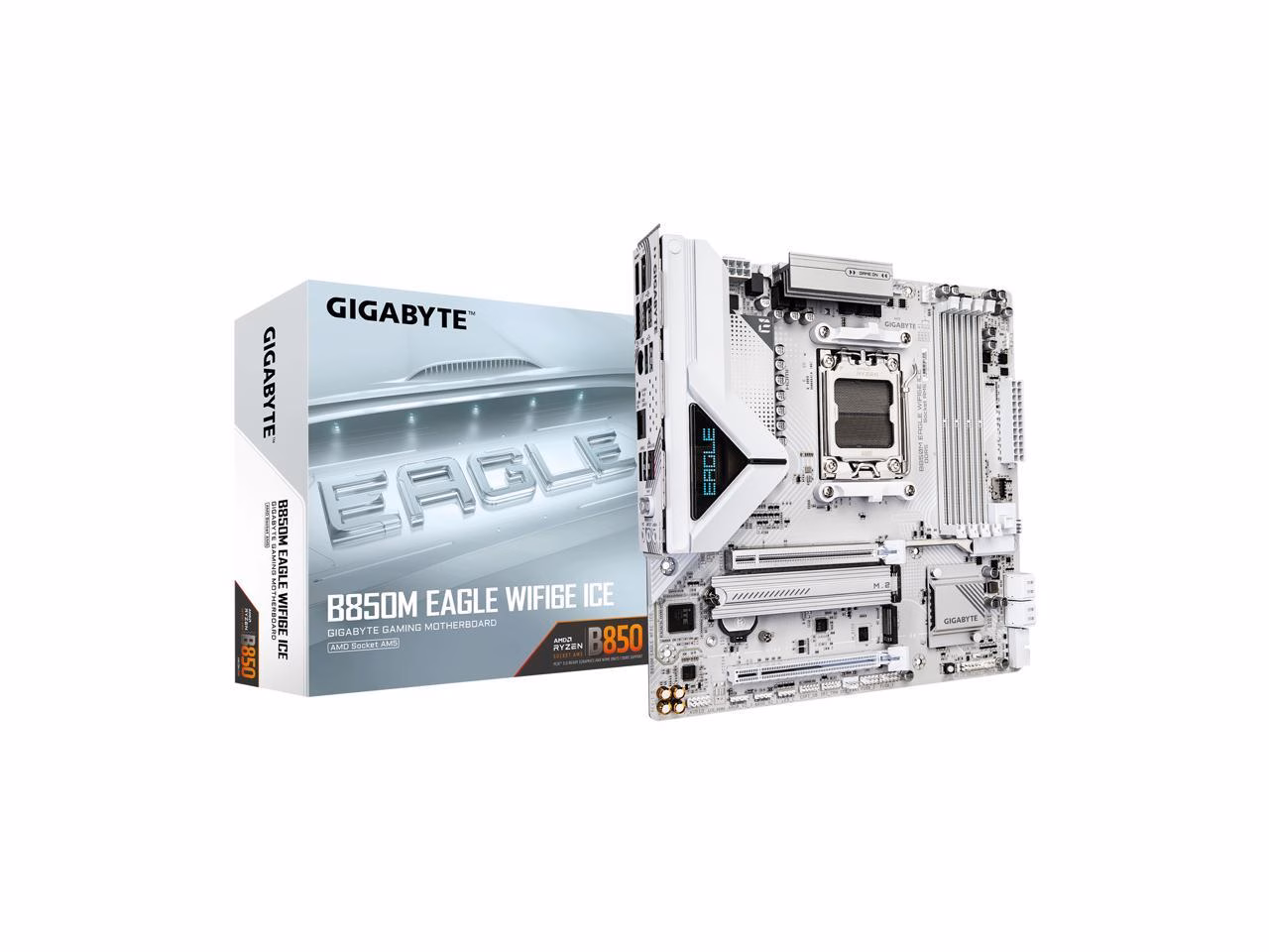GIGABYTE B850M EAGLE WIFI6E ICE AMD AM5 Motherboard, M-ATX, DDR5, 2x M.2, PCIe 5.0, USB-C, USB 3.2 Gen 2, WIFI6E, 2.5GbE LAN, EZ-Latch, Wi-Fi EZ-Plug