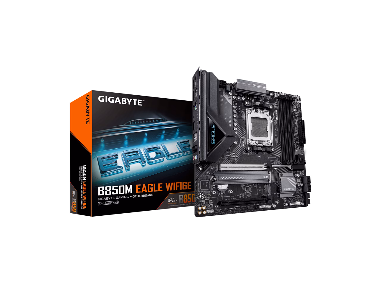 GIGABYTE B850M EAGLE WIFI6E AMD AM5 Motherboard, M-ATX, DDR5, 2x M.2, PCIe 5.0, USB-C, USB 3.2 Gen 2, WIFI6E, 2.5GbE LAN, EZ-Latch, Wi-Fi EZ-Plug