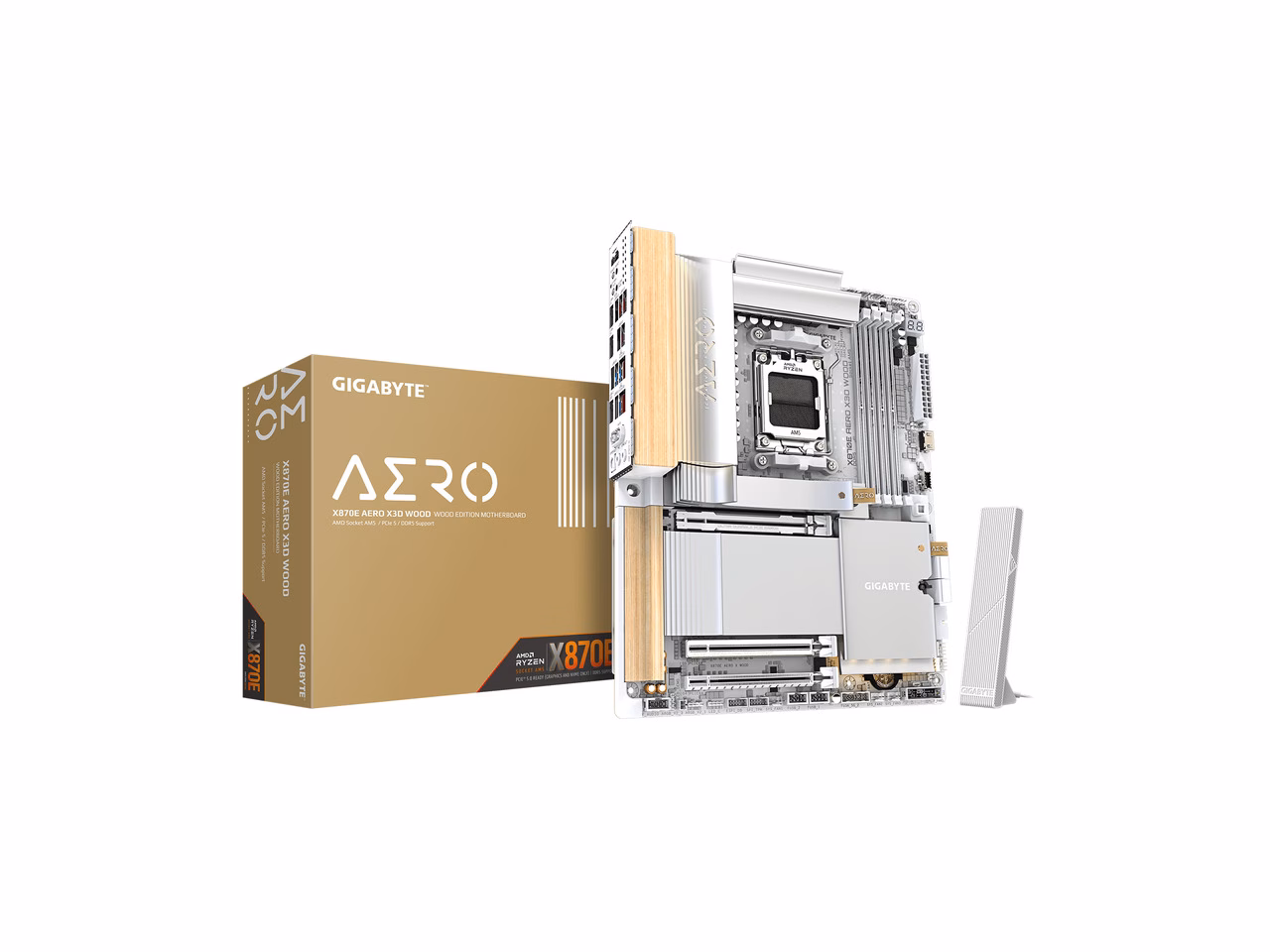 GIGABYTE X870E AERO X3D WOOD AMD AM5 LGA 1718 Motherboard, ATX, Supports AMD Ryzen 9000/8000/7000 Series Processors, DDR5, 16+2+2 Total Power Phase, 4x M.2, PCIe 5.0, USB4 Type-C, WIFI7, Dual 5 GbE LA