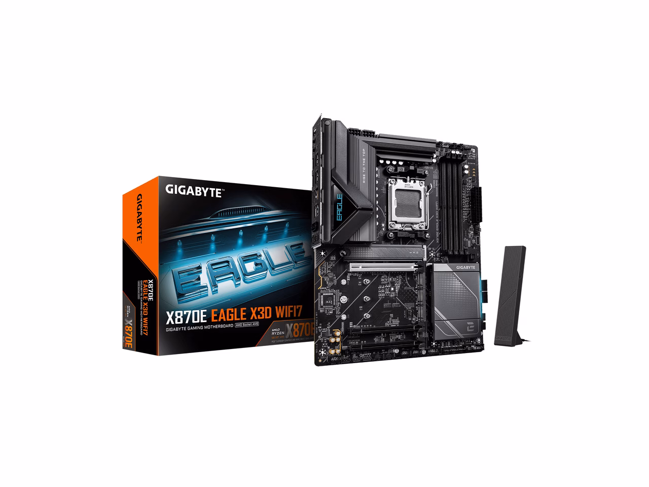GIGABYTE X870E EAGLE X3D WF7 AMD AM5 ATX Motherboard, Supports AMD Ryzen 9000/8000/7000 Series, DDR5, 16+2+2 Power Phase, 4x M.2, PCIe 5.0, USB4 Type-C, WIFI7, 5 GbE, PCIe EZ-Latch